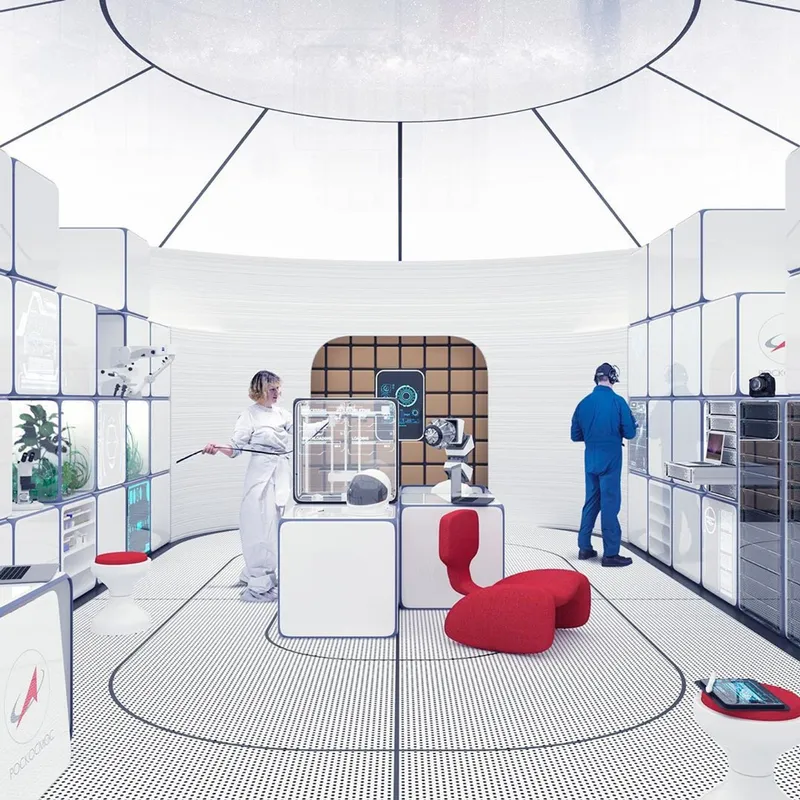 Futuristic Mars habitat interior with modular workstations, adaptive layouts, and human-centric space design