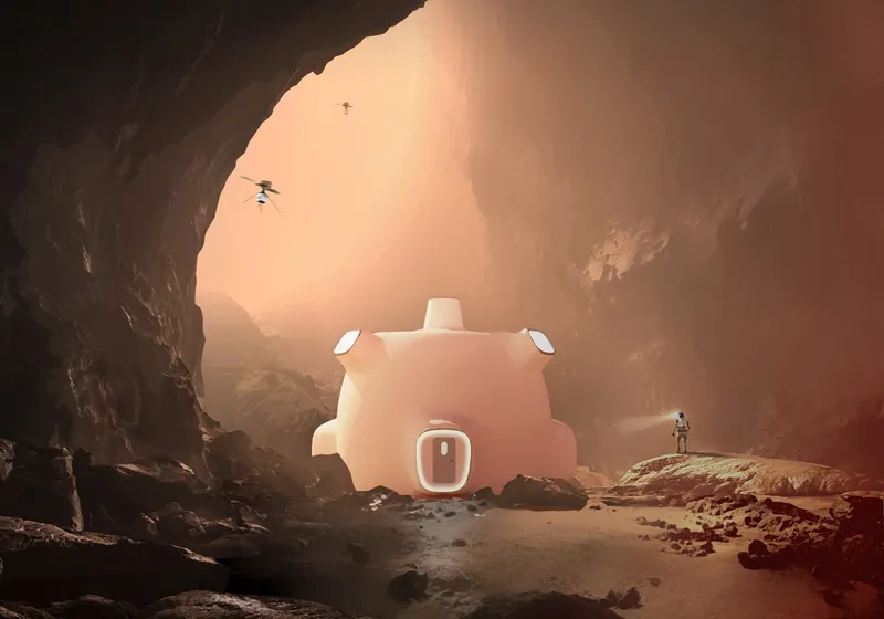 Mars habitat positioned inside a cave, utilizing natural protection for safer and resilient space living