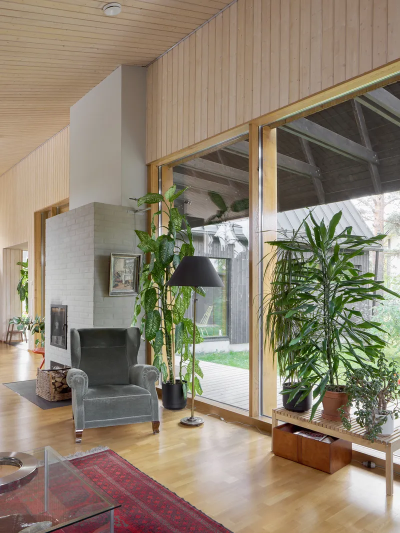 Living room with pale wood paneling, full-height glazing to courtyard and potted plants beside upholstered chair