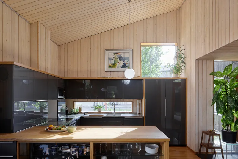 Kitchen with black lacquer cabinetry, timber island and horizontal window framing view to leafy exterior