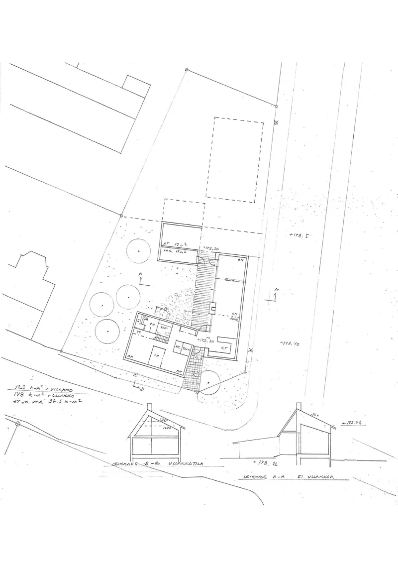 Site plan and section drawing showing building footprint surrounded by circular tree symbols
