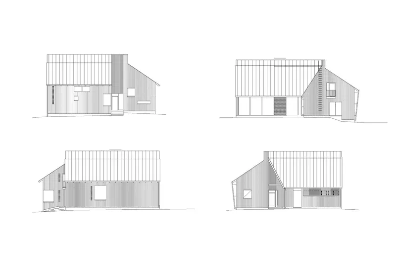 Elevation drawings showing four views of a gabled structure with vertical siding and varied fenestration