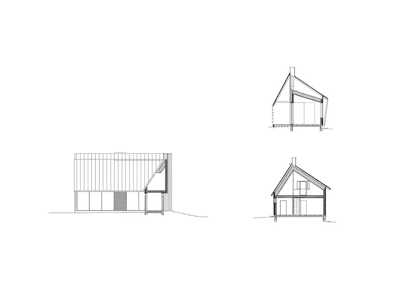 Section drawings revealing the pitched roof structure and interior spatial volumes across three cut views