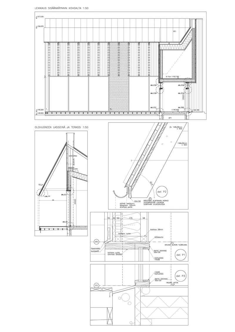 Construction detail drawings showing roof eave assembly with insulation layers and structural connections