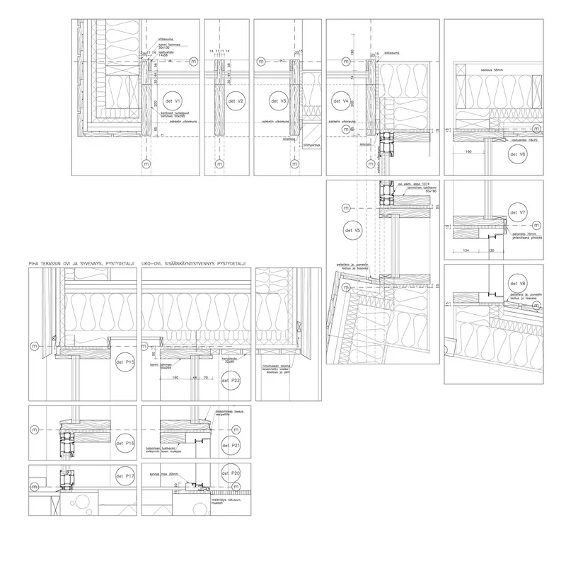 Construction detail drawings showing window jamb and sill assemblies with insulation and timber framing