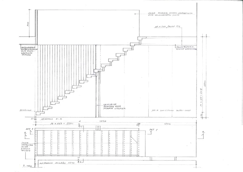 Section drawing showing a staircase ascending alongside vertical wood slats and floor framing details