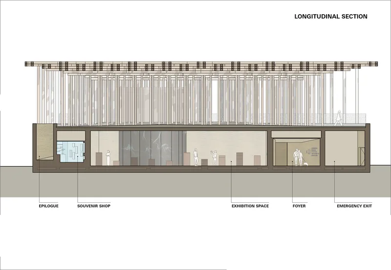Longitudinal section drawing showing a slatted timber canopy over exhibition space, foyer, and emergency exit