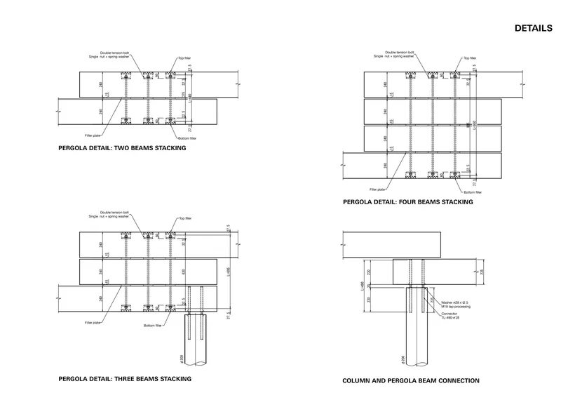 Construction detail drawings showing pergola beam stacking variations and column connections with dimensions