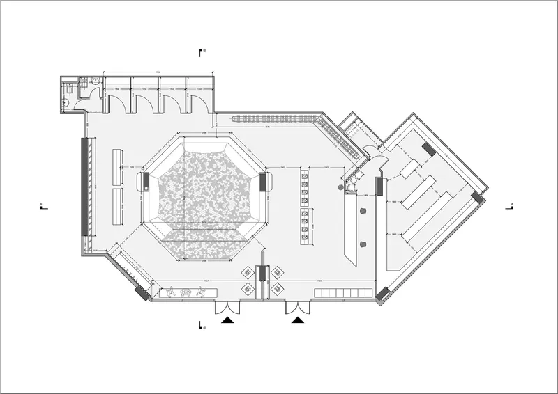 Floor plan drawing showing octagonal central space with adjacent angular retail area and service rooms