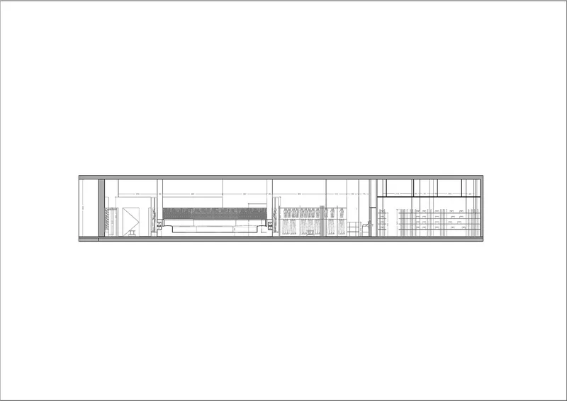 Longitudinal section drawing showing interior spatial divisions with storage areas and seating along the length