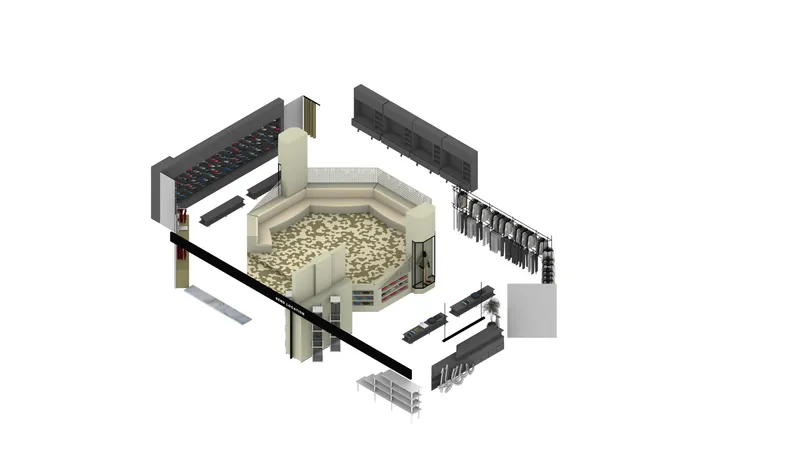 Exploded axonometric drawing showing hexagonal central space surrounded by dispersed service and storage volumes
