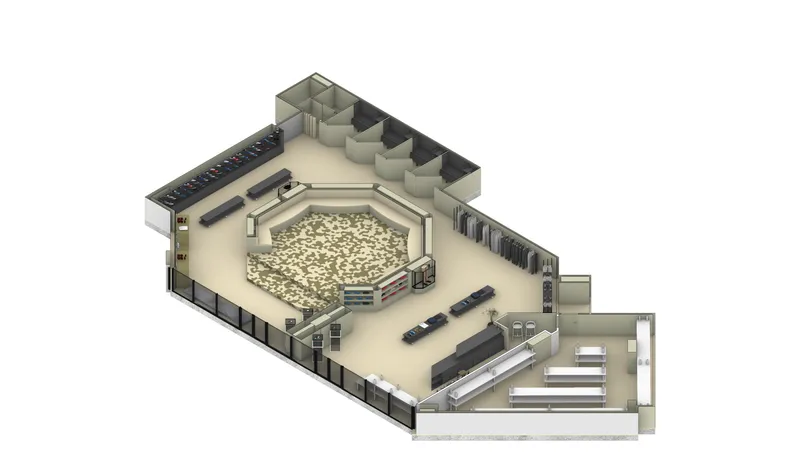 Axonometric cutaway view of interior layout with hexagonal worship hall and perimeter seating alcoves