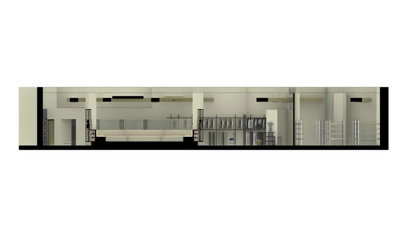 Longitudinal section rendering displaying interior volumes with suspended ceiling planes and equipment zones at rear