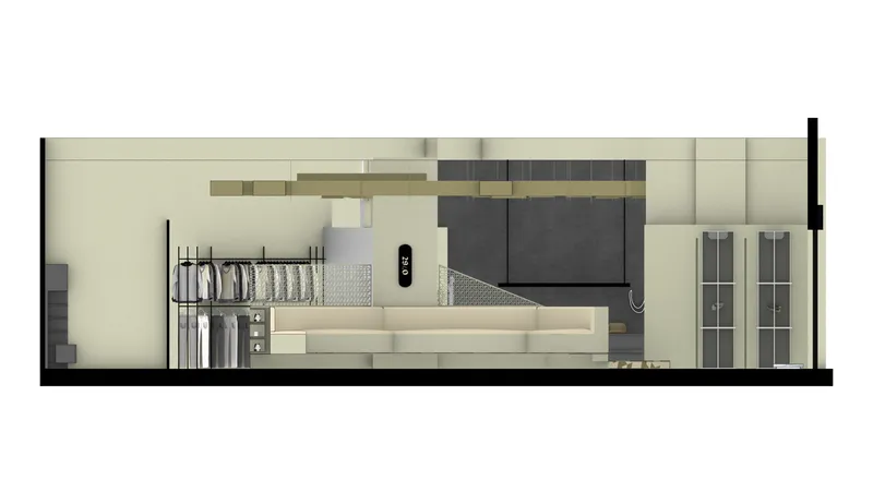 Section drawing showing interior spatial arrangement with wardrobe storage and built-in seating along one wall