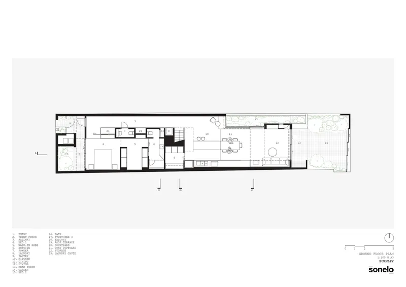 Ground floor plan drawing showing linear layout with living spaces and rear terrace