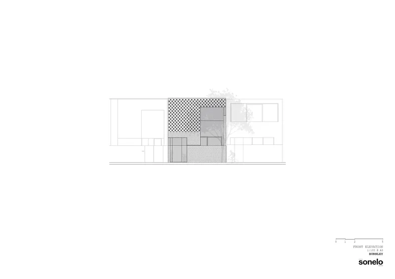 Front elevation drawing showing a multi-level facade with perforated screens and varied fenestration