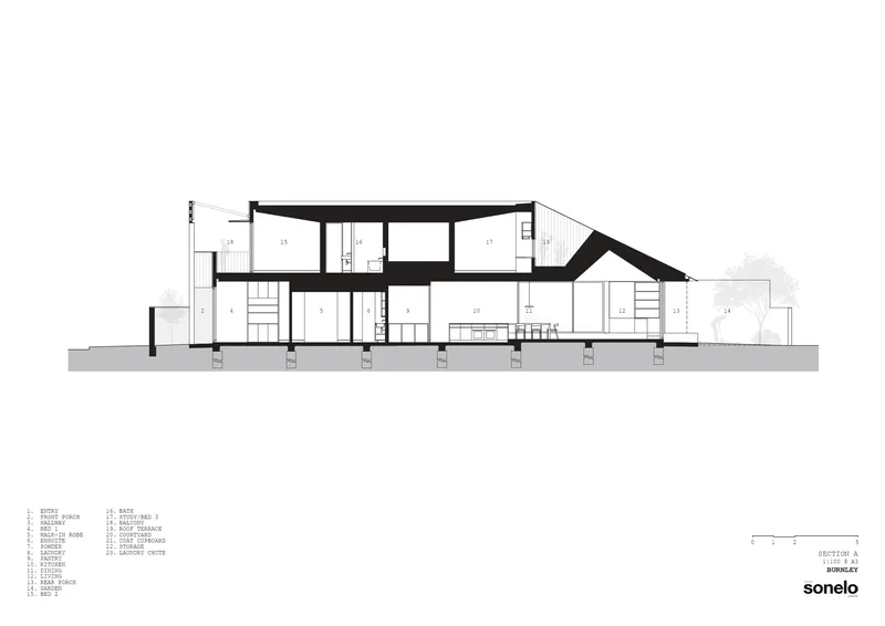 Longitudinal section drawing revealing interior spaces with an angled roof and double-height volumes