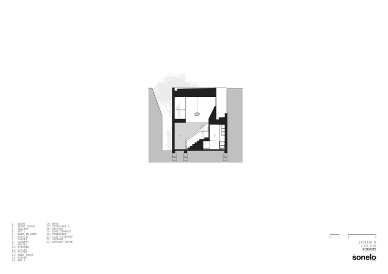 Cross section drawing showing a staircase connecting two levels beneath a planted roof terrace