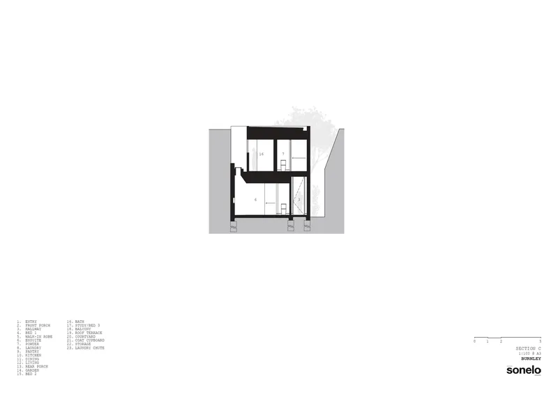 Cross section drawing depicting stacked floor plates framed by adjacent structures