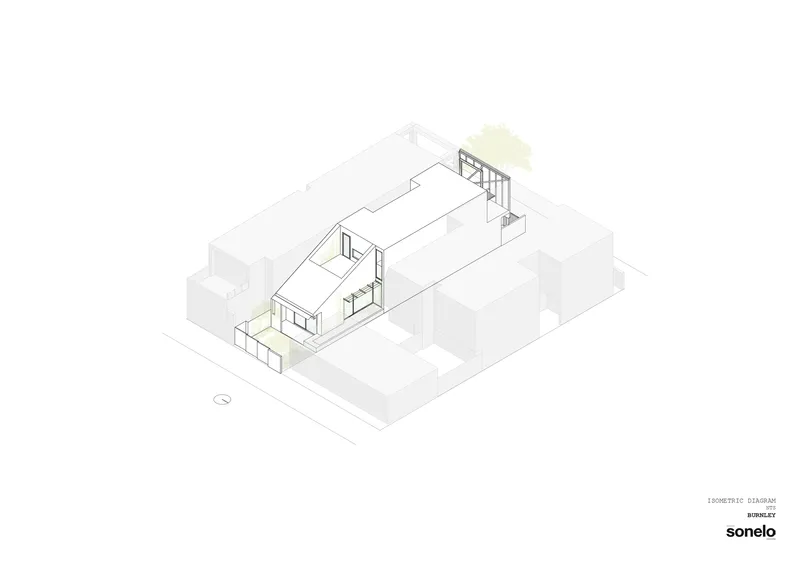 Isometric drawing illustrating the interior layout and courtyard spaces between neighboring volumes
