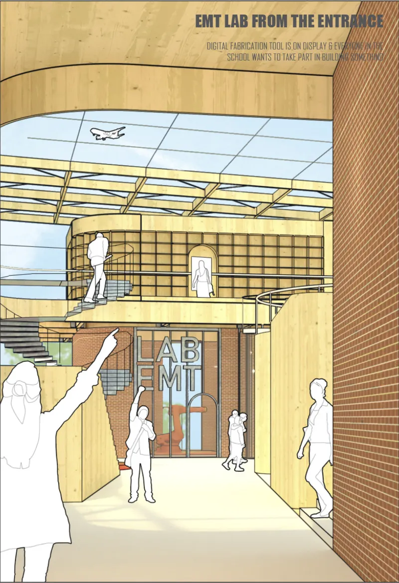 The EMT Lab entrance showcases digital fabrication and open experimentation as central elements of future-ready educational architecture.