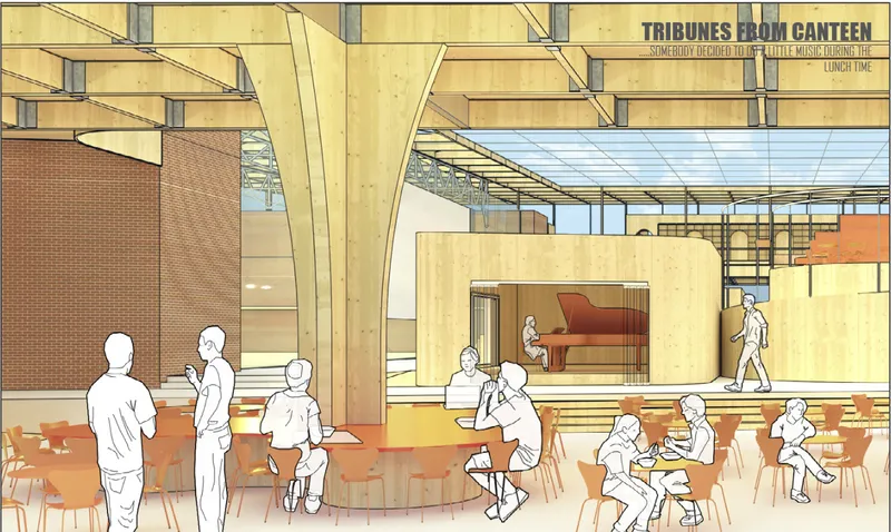 The communal canteen and performance spaces encourage informal learning, creativity, and social engagement throughout the school.