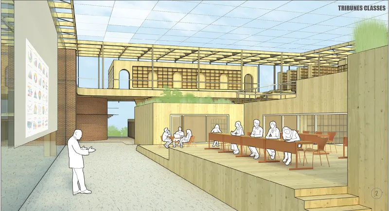 Flexible tribune classrooms integrate open discussion, digital presentation, and collaborative education within an adaptive school architecture concept.