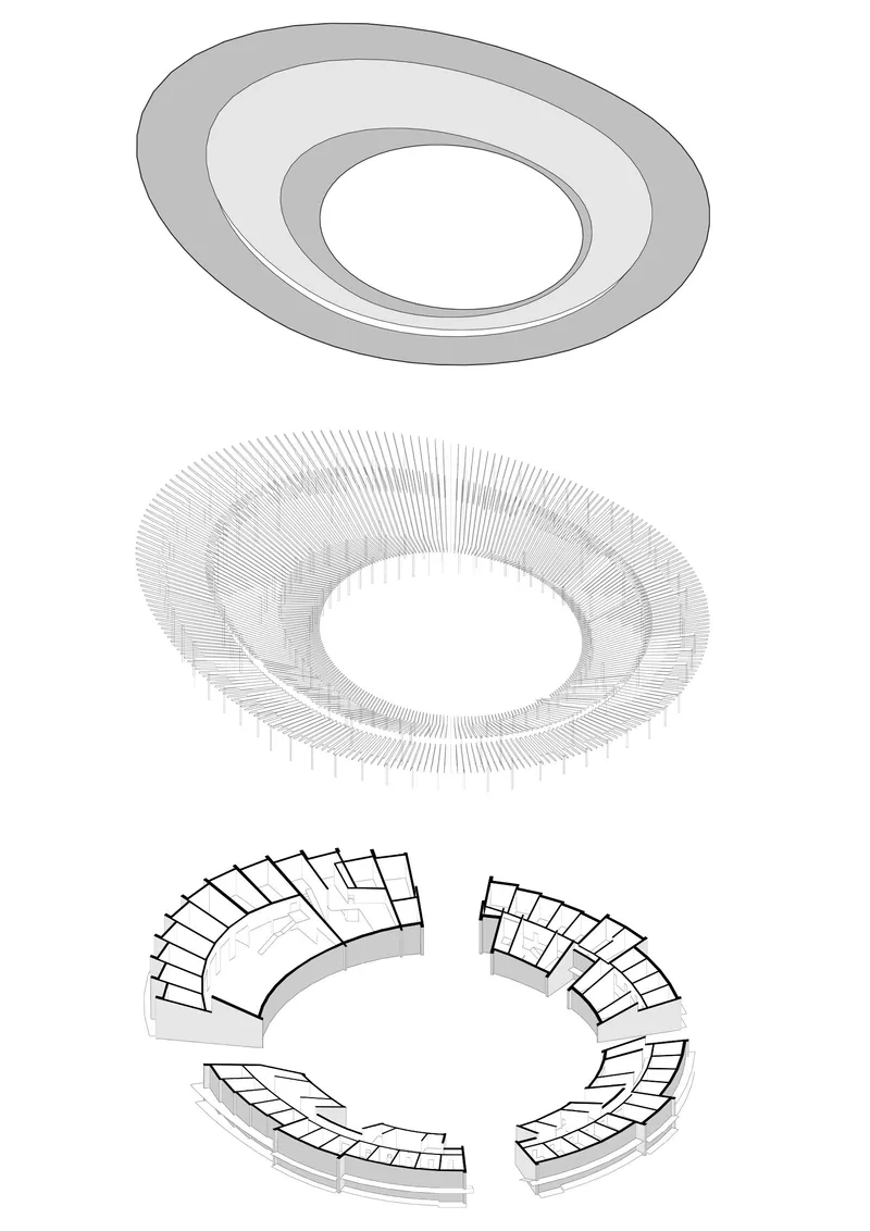 Axonometric drawing showing the circular roof form and radiating structural framework in layered detail
