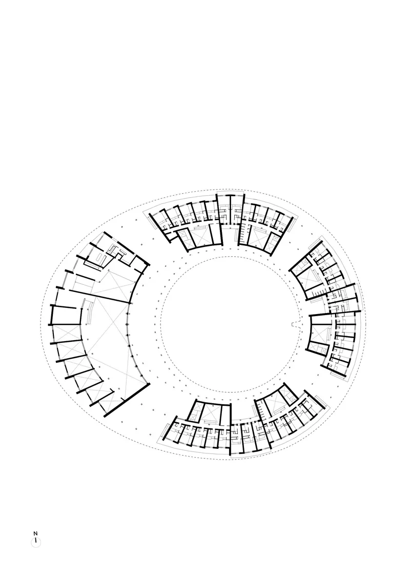 Floor plan drawing showing circular building with central void and modular units around perimeter