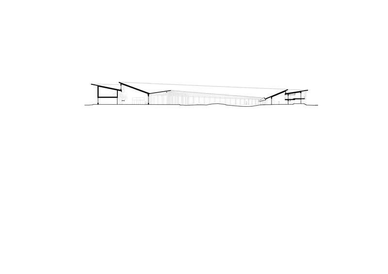 Section drawing showing the undulating roof profile spanning between two flanking volumes