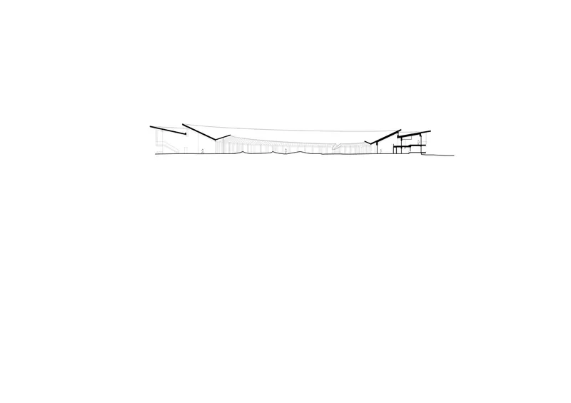 Section drawing showing the curved roof line rising above the horizontal landscape