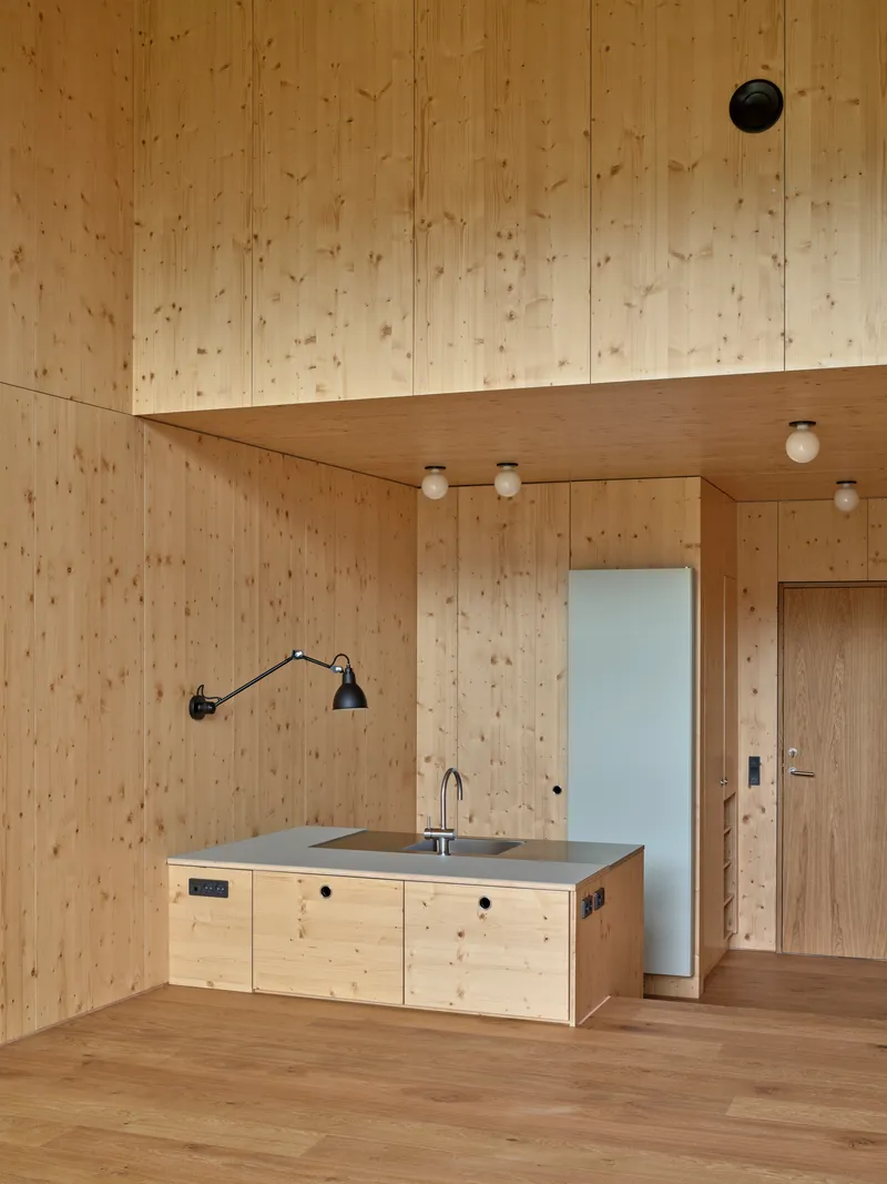 Plywood-lined room with freestanding kitchen island beneath a lowered ceiling plane and globe light fixtures