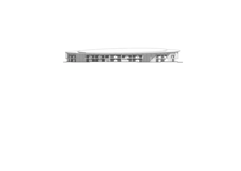 Elevation drawing showing a horizontal linear structure with repetitive window modules and recessed entrance volumes