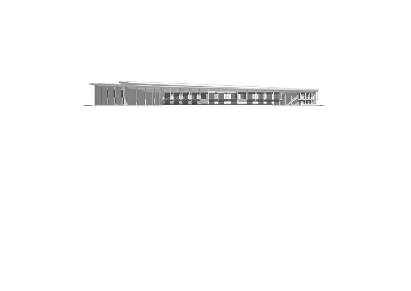 Elevation drawing depicting the long facade with glazed openings and a sloped roof profile