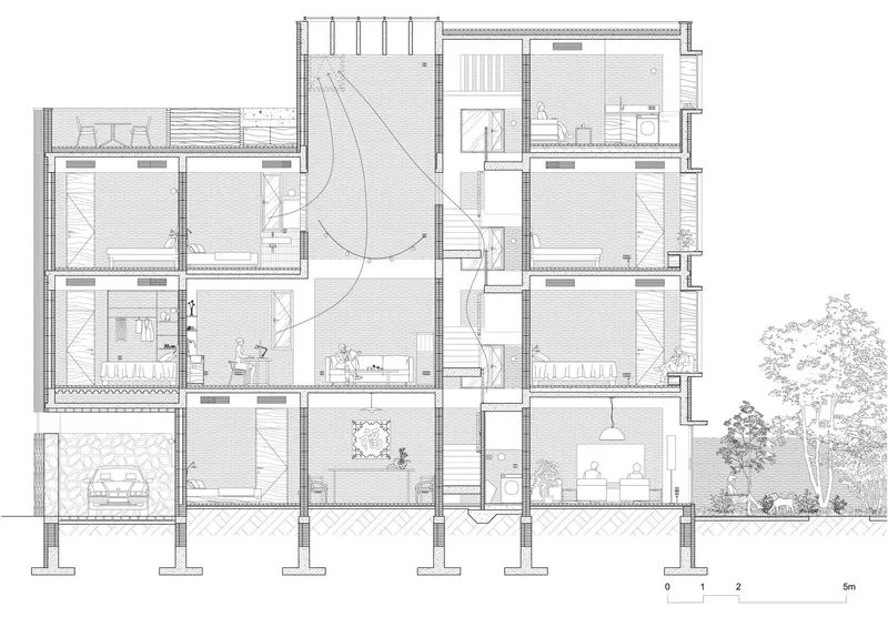 Section drawing revealing three levels of rooms around central staircase and double-height void