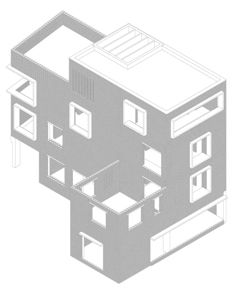 Axonometric drawing showing a multi-story volume with scattered window openings and a rooftop terrace