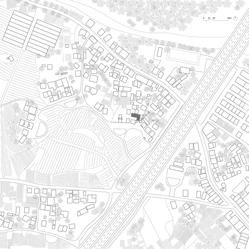 Site plan drawing showing building footprints, streets, and tree canopies in a residential neighborhood