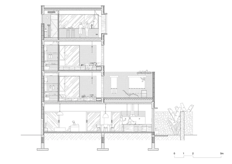 Section drawing showing four levels with interior spaces, courtyards, and human figures for scale