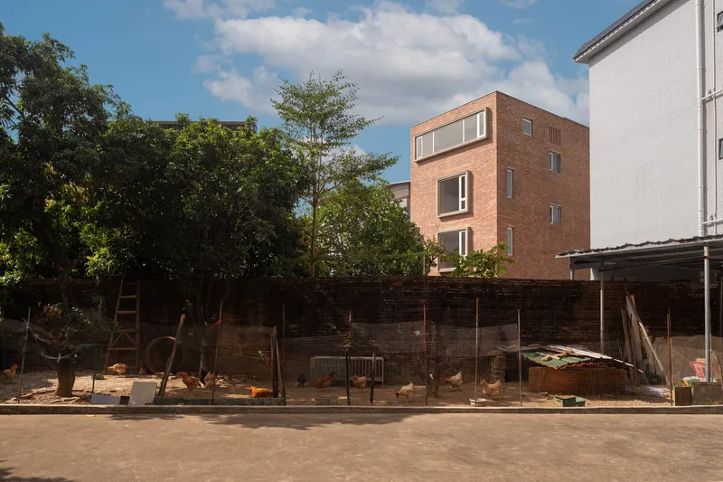 Rear elevation of brick volume rising above old wall with chickens in foreground yard