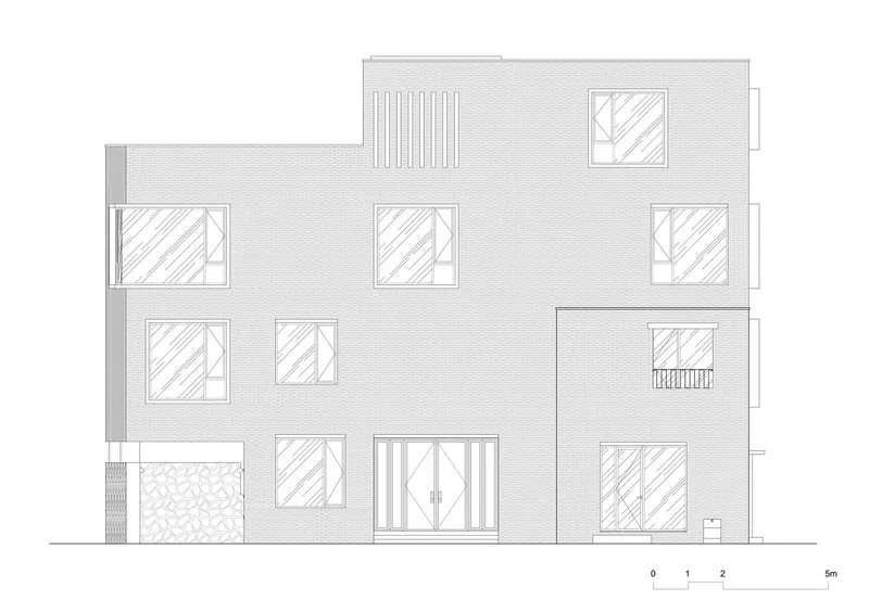 Elevation drawing depicting a facade with multiple window openings and a central double door
