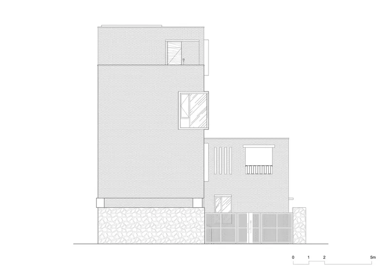 Elevation drawing showing stacked volumes with textured walls, stairs, and a stone base