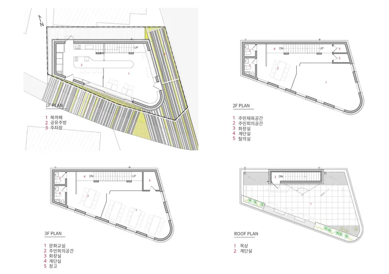 Floor plan drawings showing the triangular footprint with angled parking spaces at ground level