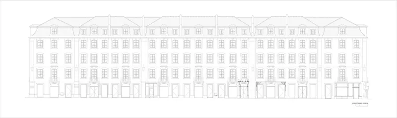 Elevation drawing of a multi-story facade with repeated window patterns and arched openings at ground level