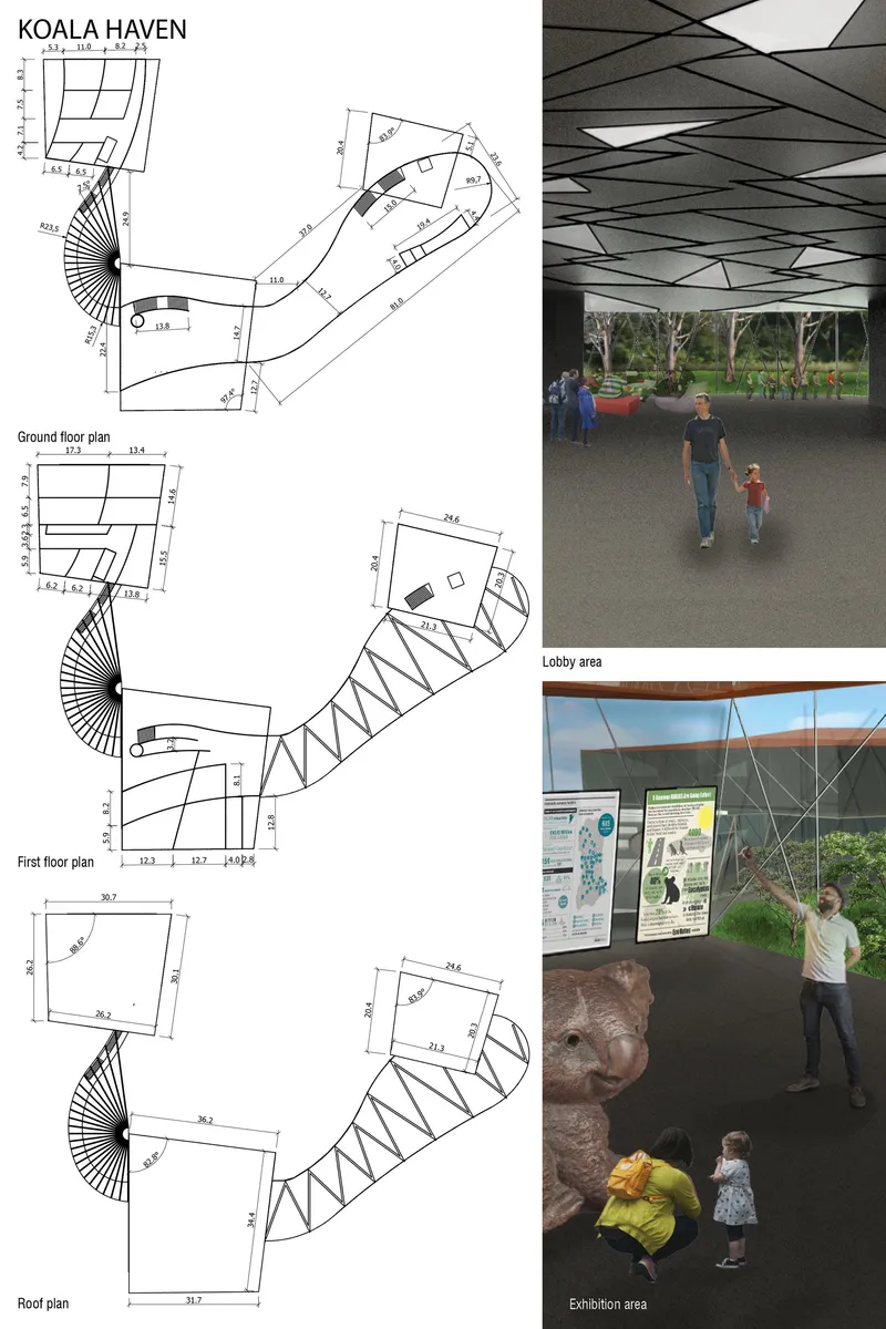 Organic circulation plan integrating three functional volumes into a continuous architectural flow
