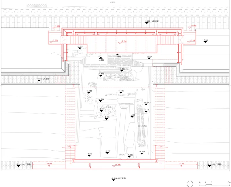 Floor plan drawing showing the enclosed gallery space with interior courtyards and landscaped areas in the lower half