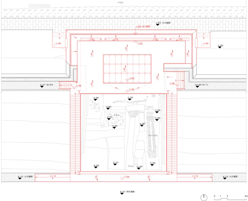 Floor plan drawing showing the upper level gallery space with grid column layout above the courtyard gardens below