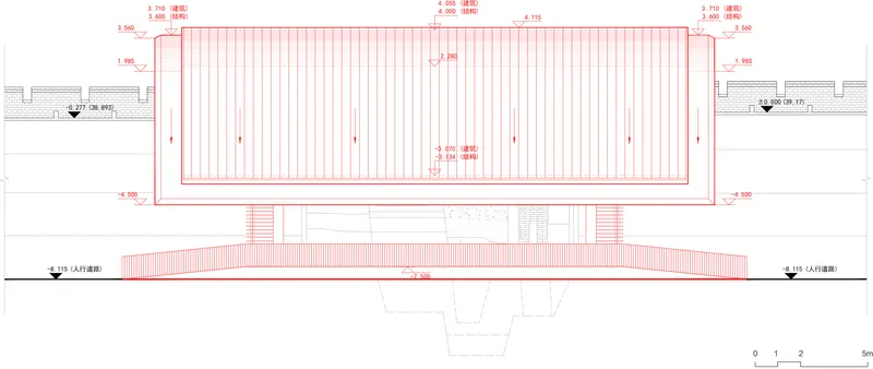 Elevation drawing showing the raised rectangular volume supported on a sloped base with central entry