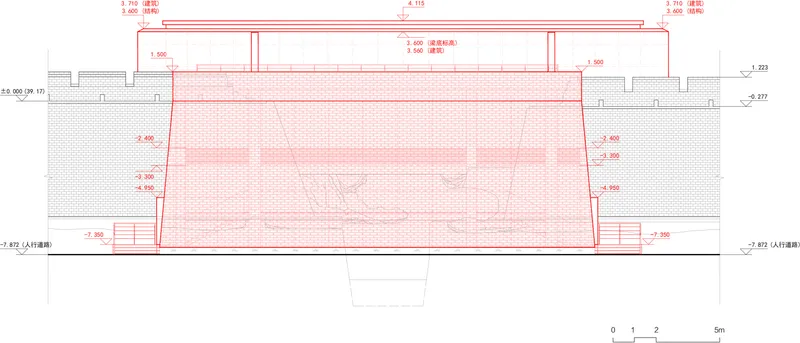 Section drawing revealing the building's relationship to grade with embedded lower levels and surrounding landscape