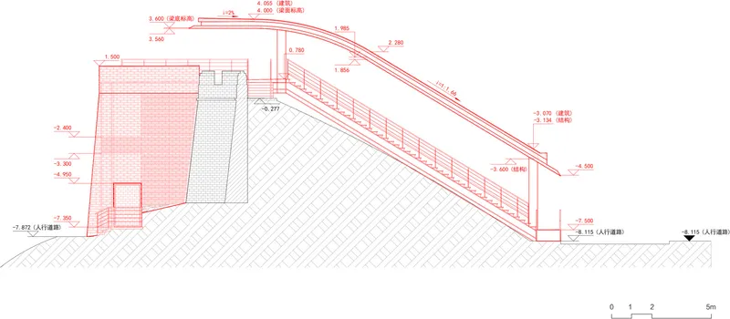 Section drawing showing the sloped approach ramp with railings connecting to the elevated building platform