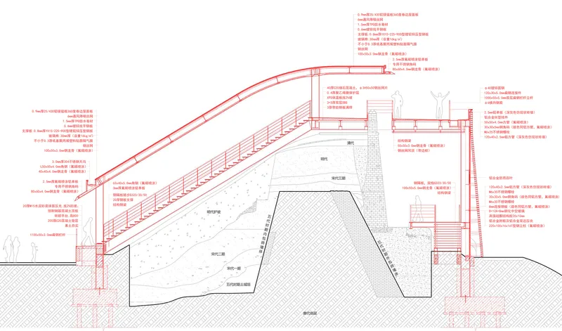Detailed section drawing with annotations showing the multilevel interior spaces carved into the terrain